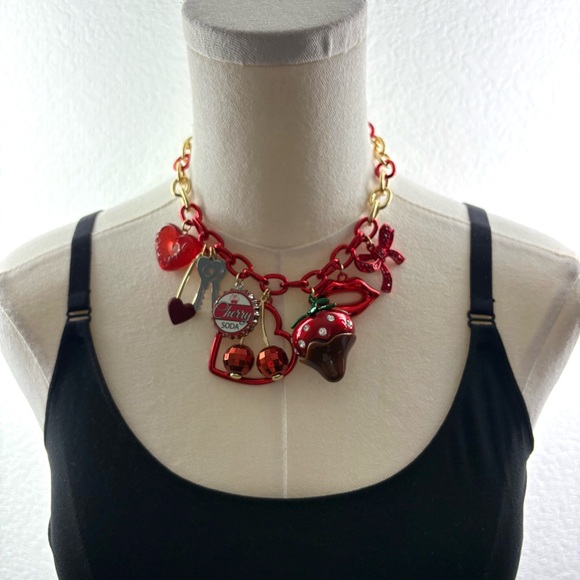 🍓 Betsey Johnson Cherry Bomb Charm Necklace – Red & Gold Statement 💋 - Picture 4 of 12